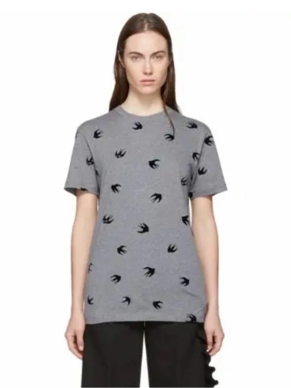 McQ Alexander McQueen Grey with Black Flocked Swallow Print Tee